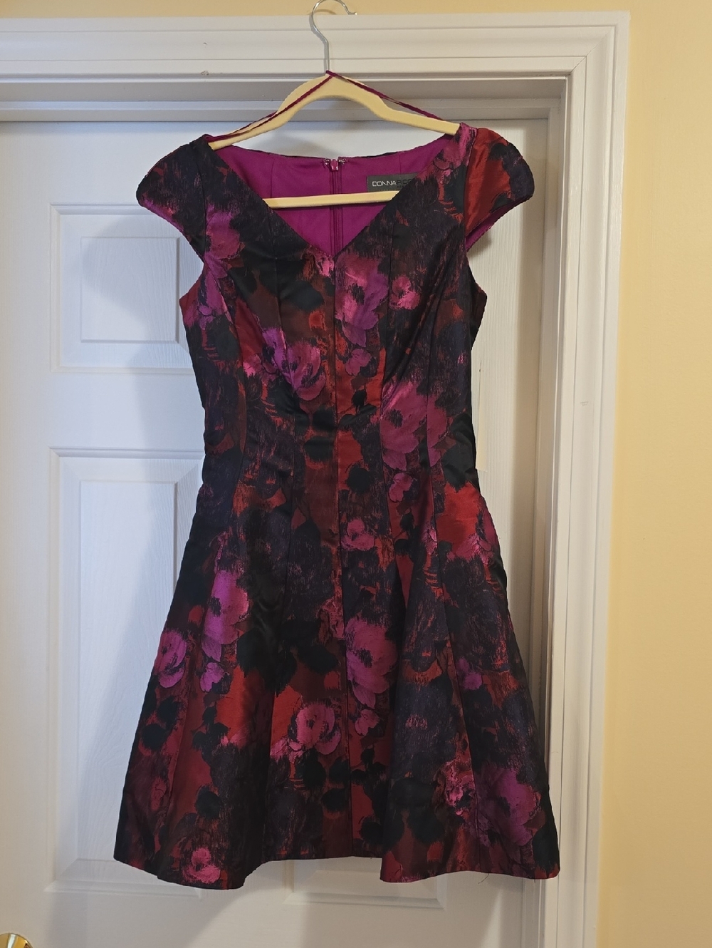 Donna Ricco Boston Proper Red Magenta Black Floral Jacquard Fit-and-Flare Dress